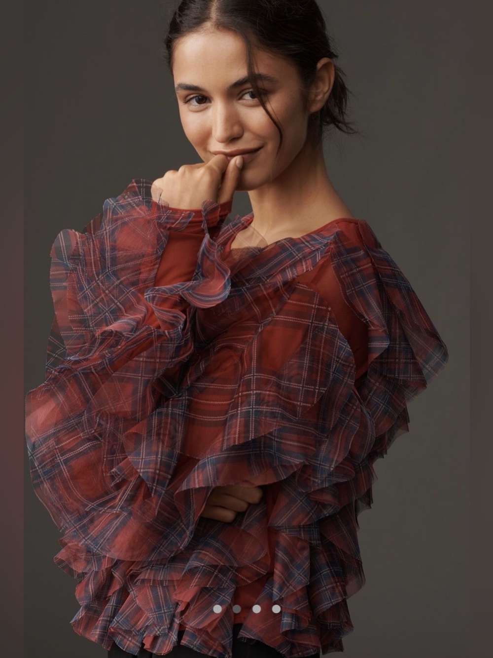 Dolan left coast ruffle plaid crew neck blouse - Picture 4 of 7